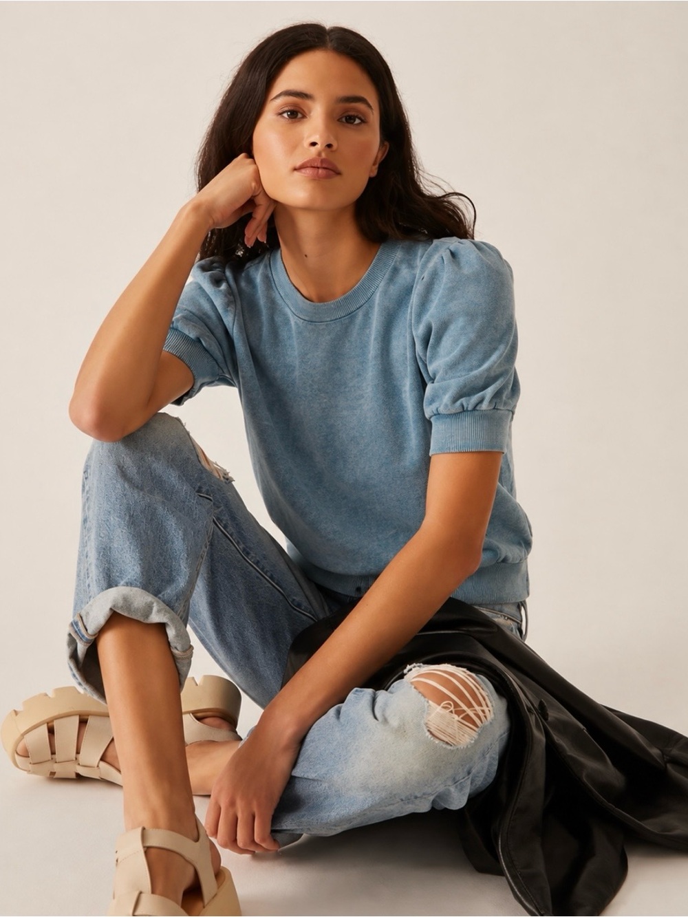 T.La Washed Light Blue Puff-Sleeve Sweatshirt